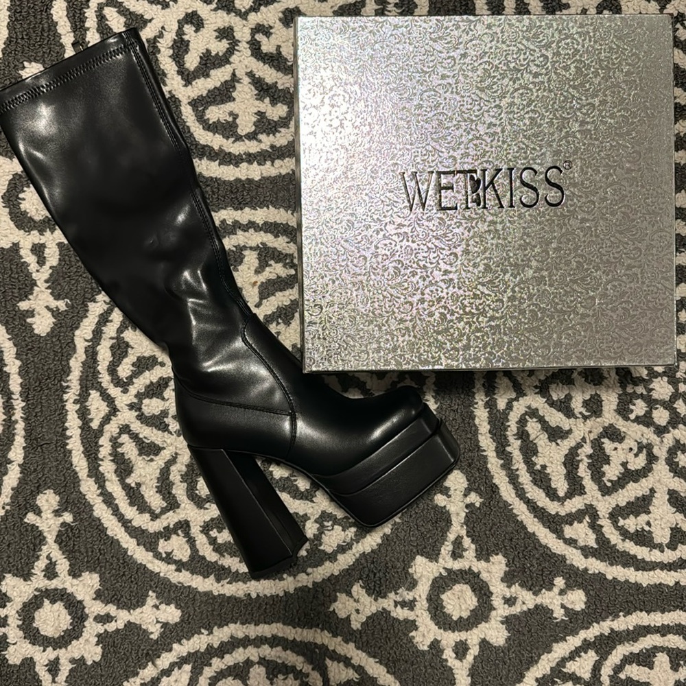 BRAND NEW, NEVER WORN Wetkiss platform knee-high black boots, women’s size 7.